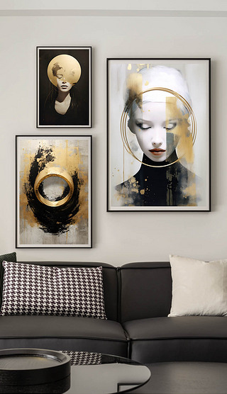 北欧黑白铂金抽象人物现代客厅组合装饰画一1