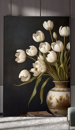 北欧手绘郁金香花卉客厅走廊过道入户装饰画