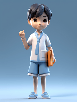 3d可爱卡通人物中国校服男孩站立挥手纯色背景图片下载3d元素立体