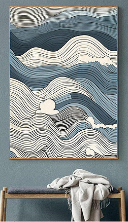 新中式山峰波浪肌理蓝色客厅玄关装饰画