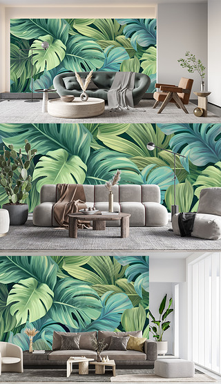 原创热带雨林现代小清新简约风高级感手绘植物背景墙