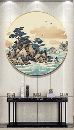 中式古典山水风景圆形玄关装饰画