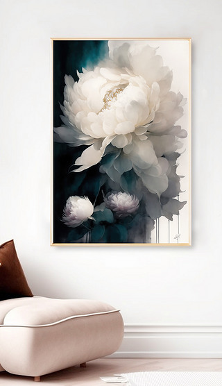 手绘水墨奶油风牡丹花客厅装饰画抽象水彩花卉挂画
