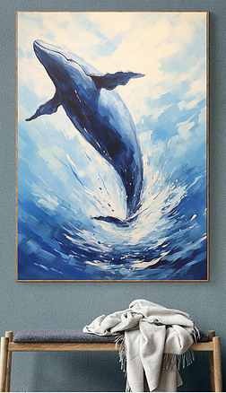 现代抽象丙烯手绘梦幻蓝鲸大海客厅装饰画