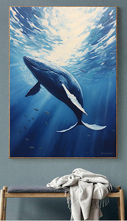 现代抽象丙烯手绘梦幻蓝鲸大海客厅装饰画