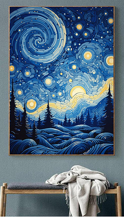 现代抽象手绘蓝色星空云朵客厅装饰画