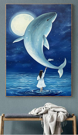 海底星空鲸鱼女孩浪漫唯美客厅装饰画