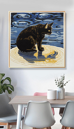 踩碎一地月亮的猫猫可爱萌宠动物卧室挂画装饰画