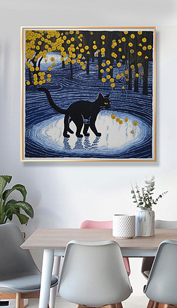 踩碎一地月亮的猫猫可爱萌宠动物卧室挂画床头壁画装饰画