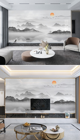 新中式水墨画意境水墨山水画装饰画风景画电视背景墙