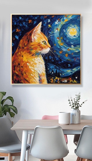 印象派星空月和猫咪油画客厅装饰画