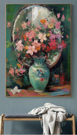 现代手绘油画花瓶里五彩缤纷的花朵装饰画