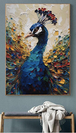 现代彩色孔雀开屏油画风格厚肌理手绘客厅背景墙装饰画