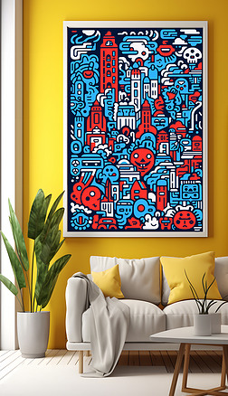多巴胺快乐艺术感黑线条抽象几何城市波普艺术装饰画