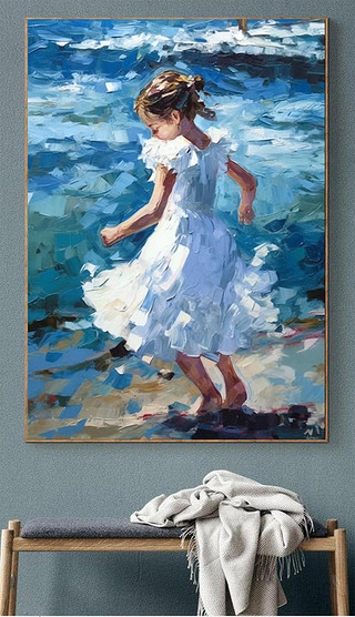 白裤子背影装饰画|油画海边白裙子女孩背影装饰画