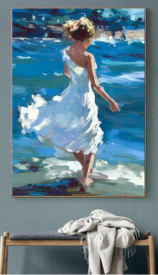 白裤子背影装饰画|油画海边白裙子女孩背影装饰画