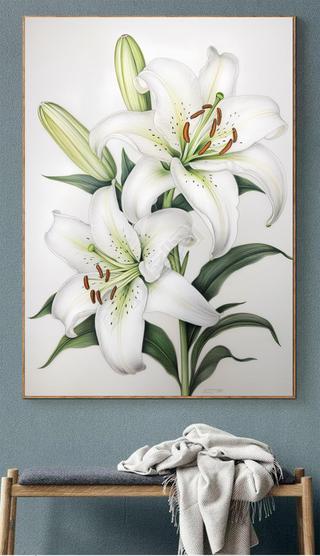 现代手绘彩铅素雅百合花寓意百年好合质感装饰画