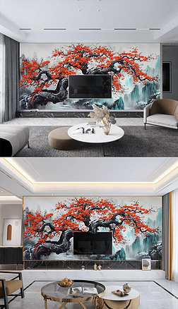新中式水墨山水红色梅花树枝手绘电视背景墙背景墙壁纸墙纸