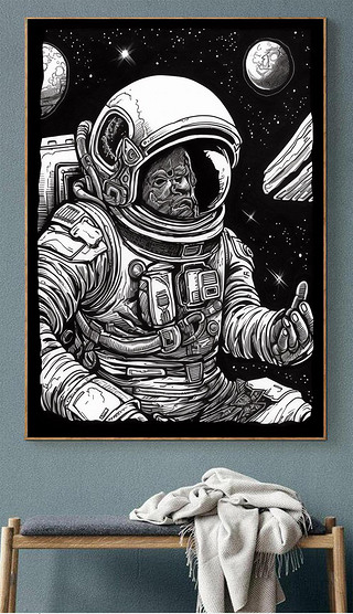 现代太空宇航员黑白卡通艺术高级客厅沙发背景装饰画