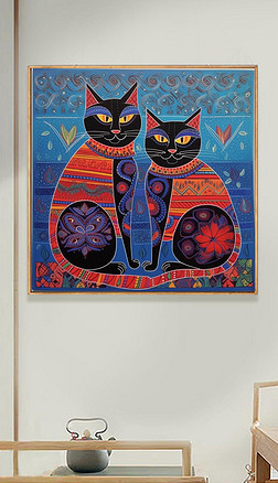 印度风格动物两只猫抽象艺术图案酒店玄关装饰画