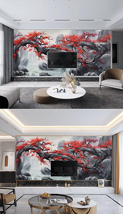 新中式水墨山水红色梅花树枝手绘电视背景墙背景墙壁纸墙纸