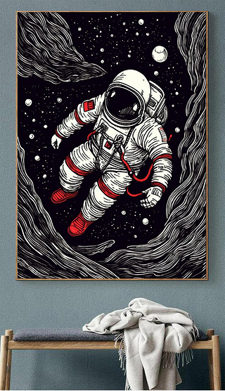 现代卡通宇航员黑白线条风格餐厅背景装饰画
