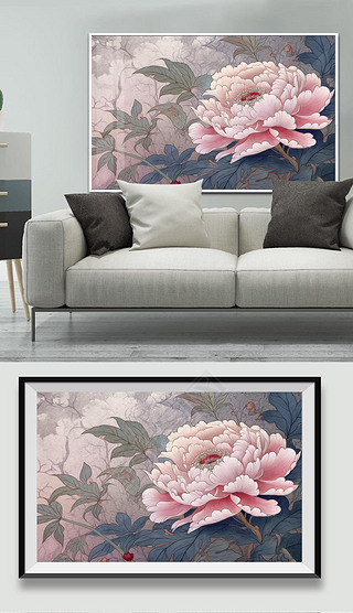 新中式风格粉色手绘大牡丹花质感肌理效果高级玄关装饰画