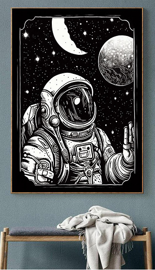 现代太空宇航员黑白卡通艺术高级客厅沙发背景装饰画