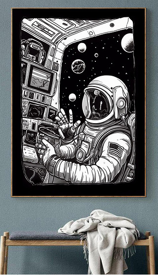 现代太空宇航员黑白卡通艺术高级客厅沙发背景装饰画