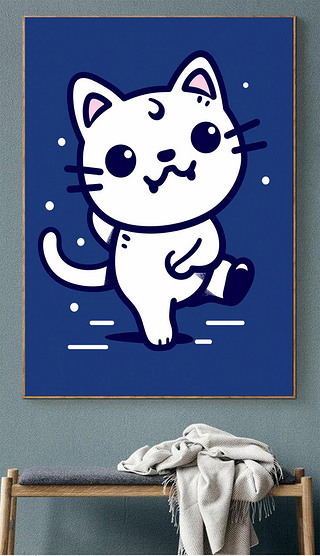 日式现代卡通简笔画猫咪跑步装饰画