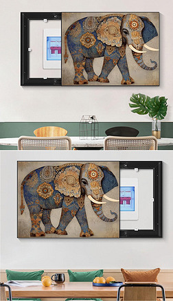 东南亚风格印度大象正面对称构图艺术客厅装饰画