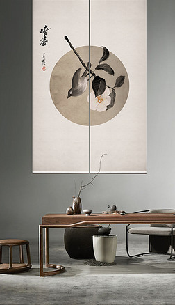 现代中式手绘花鸟水墨画卷帘门帘屏风图案