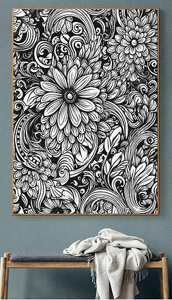 黑白线条风格手绘向日葵花朵图案卧室背景墙装饰画