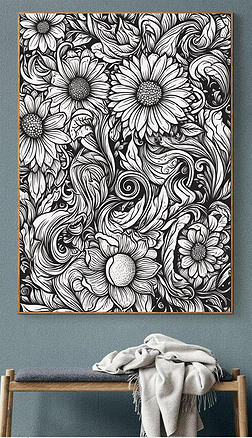 黑白线条风格手绘向日葵花朵图案卧室背景墙装饰画