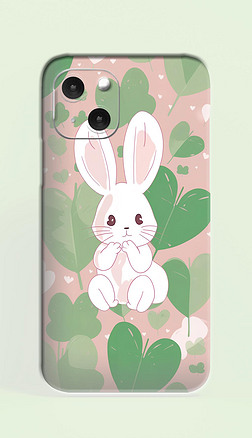 手绘卡通风格可爱小兔子四叶草清新格子背景手机壳插画图案