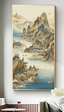 古风古韵中国山水风景高级艺术手绘卧室背景墙装饰画