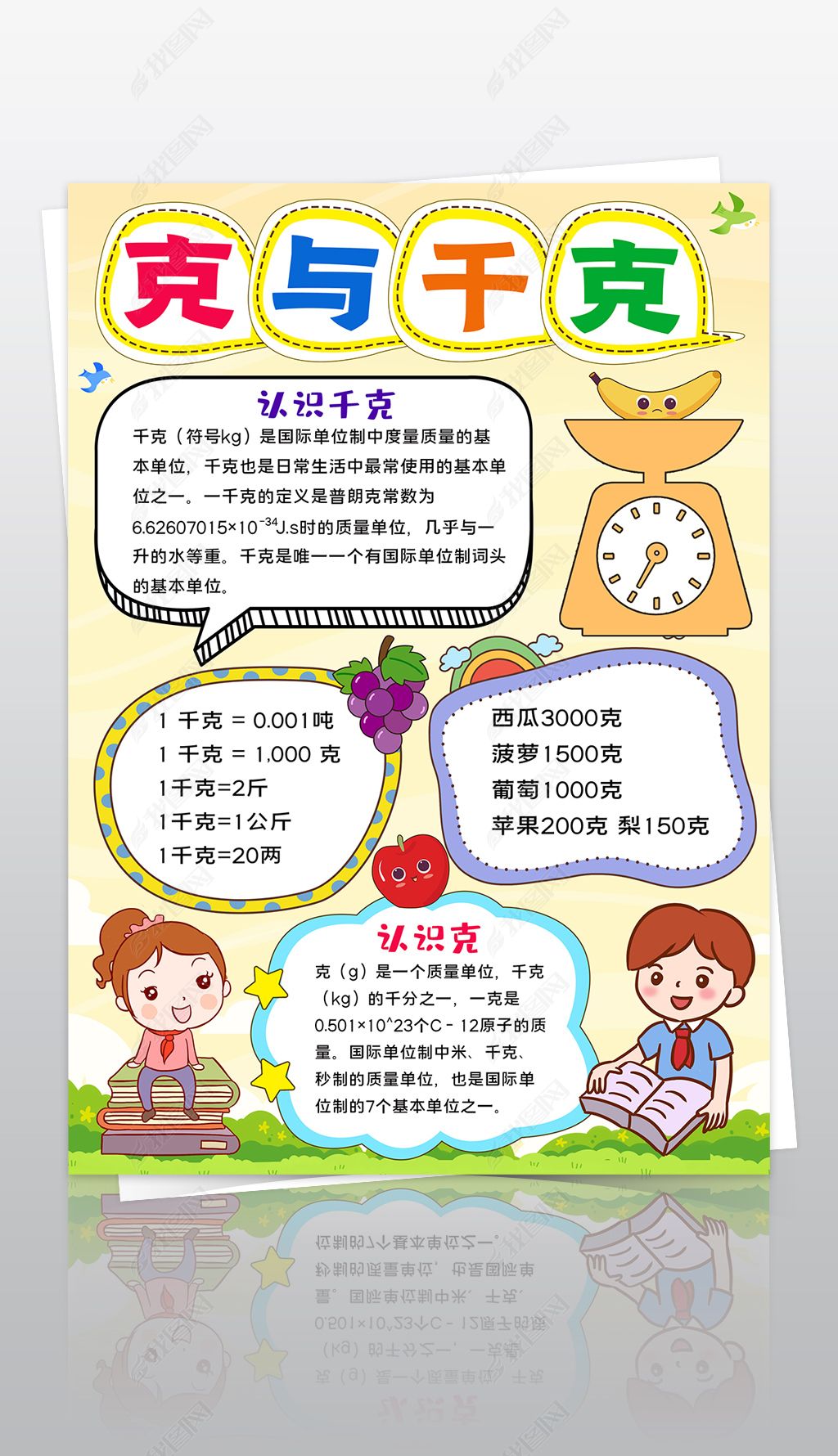 原创竖版数学小报千克与克手抄报数学与生活电子线稿小报-版权可商用