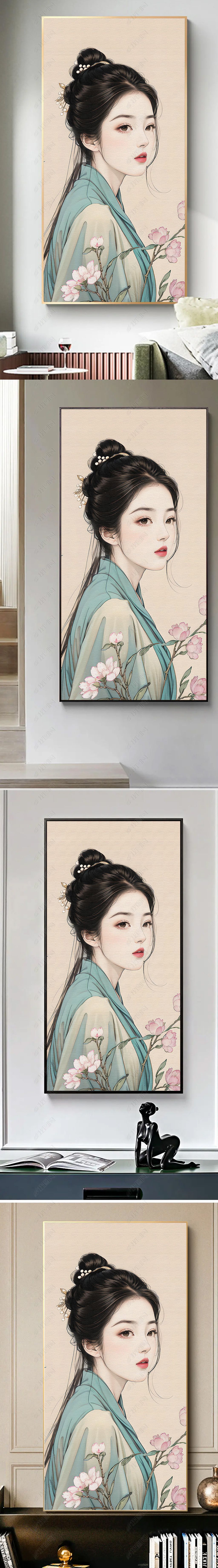 原创仕女桃花图-中国风古装美人手绘工笔画像唯美艺术-版权可商用