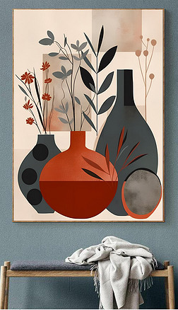 现代简约抽象高级艺术花瓶植物图案客厅装饰画