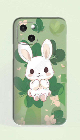 手绘卡通风格可爱小兔子四叶草清新格子背景手机壳插画图案