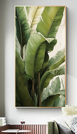 现代手绘油画风艺术质感绿色芭蕉叶片清新植物客厅玄关装饰画