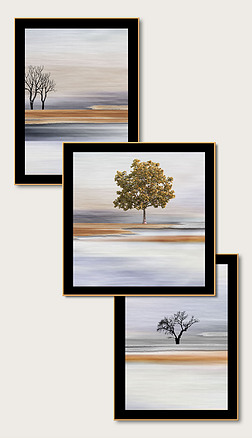 现代抽象轻奢风景发财树客厅背景三联装饰画