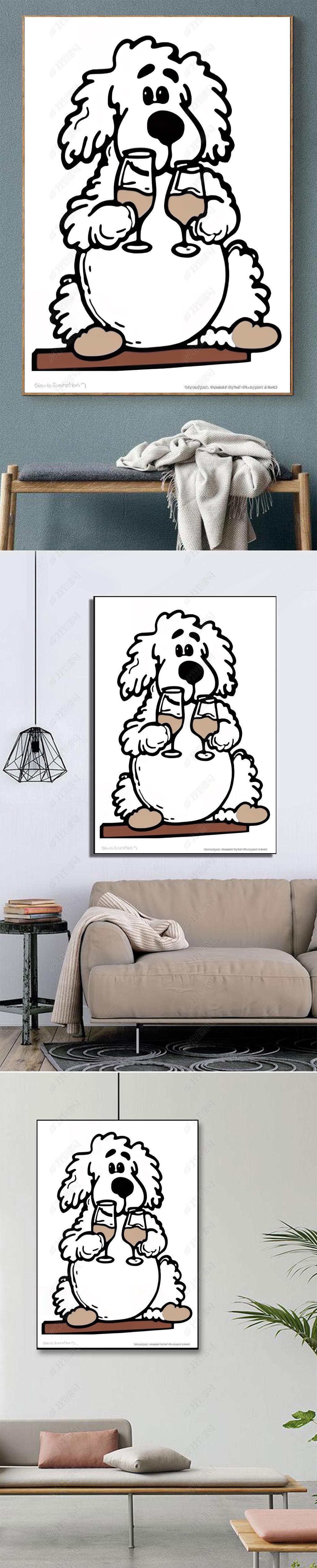 手绘可爱简约风格线条简笔画拿着杯子的小狗白色背景个性时尚卧室装饰