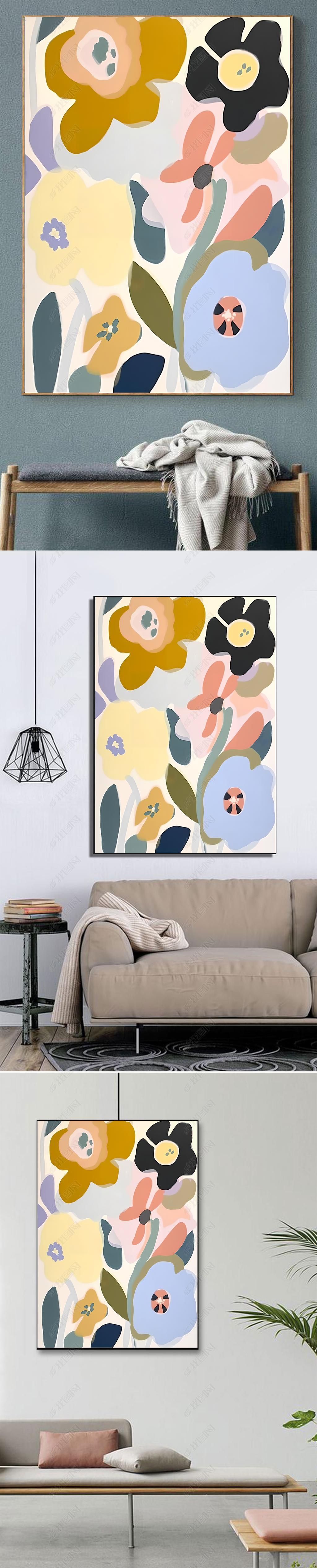 现代简约可爱彩色花朵图案组合白色背景手绘个性清新客厅玄关装饰画