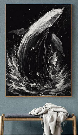 黑白鲸鱼现代简约抽象艺术高级玄关装饰画2