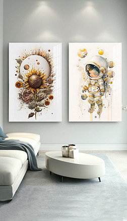 北欧现代手绘小清新宇航员太空主题花卉双联装饰画