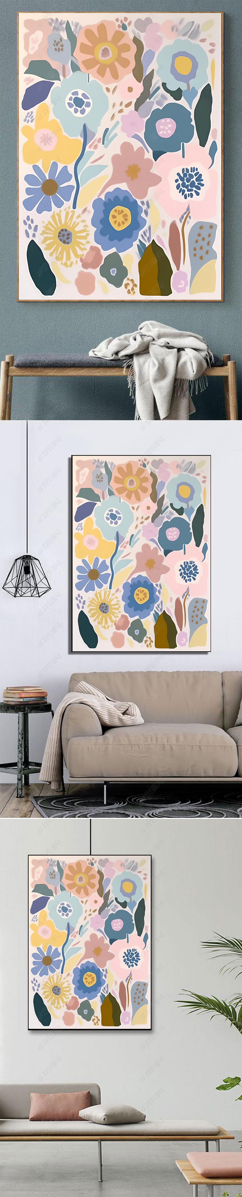 现代简约可爱彩色花朵图案组合白色背景手绘个性清新客厅玄关装饰画