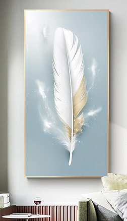 现代轻奢大气浅蓝色背景白色羽毛镀金轻盈高级质感餐厅玄关装饰画