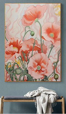 手绘油画风格线条肌理红色花朵图案高级质感客厅玄关装饰画