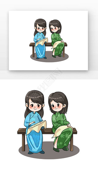 双人女孩旗袍刺绣中国传承漫画元素
